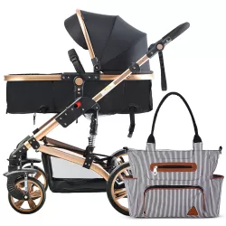 Teknum 3 in 1 Story Pram Stroller and Diaper Bag Bundle - Black