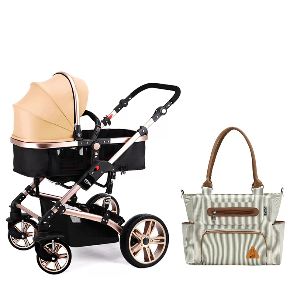 Teknum 3 in 1 Story Pram Stroller and Diaper Bag Bundle - Khaki