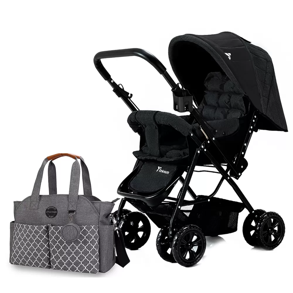 Teknum Reversible Look at Me Stroller - Black+ Little Story Signature Diaper Bag - Grey