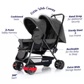 Teknum Double Stroller + Diaper Bag Combo - Dark Grey