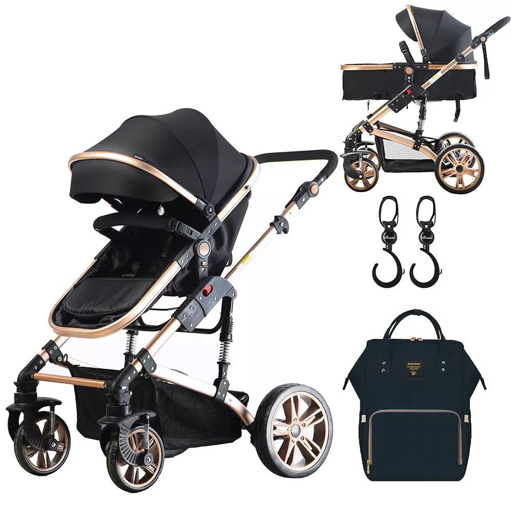 Teknum 3 in 1 Stroller-Story-Black + SUNVENO Diaper Bag - Black & Hooks