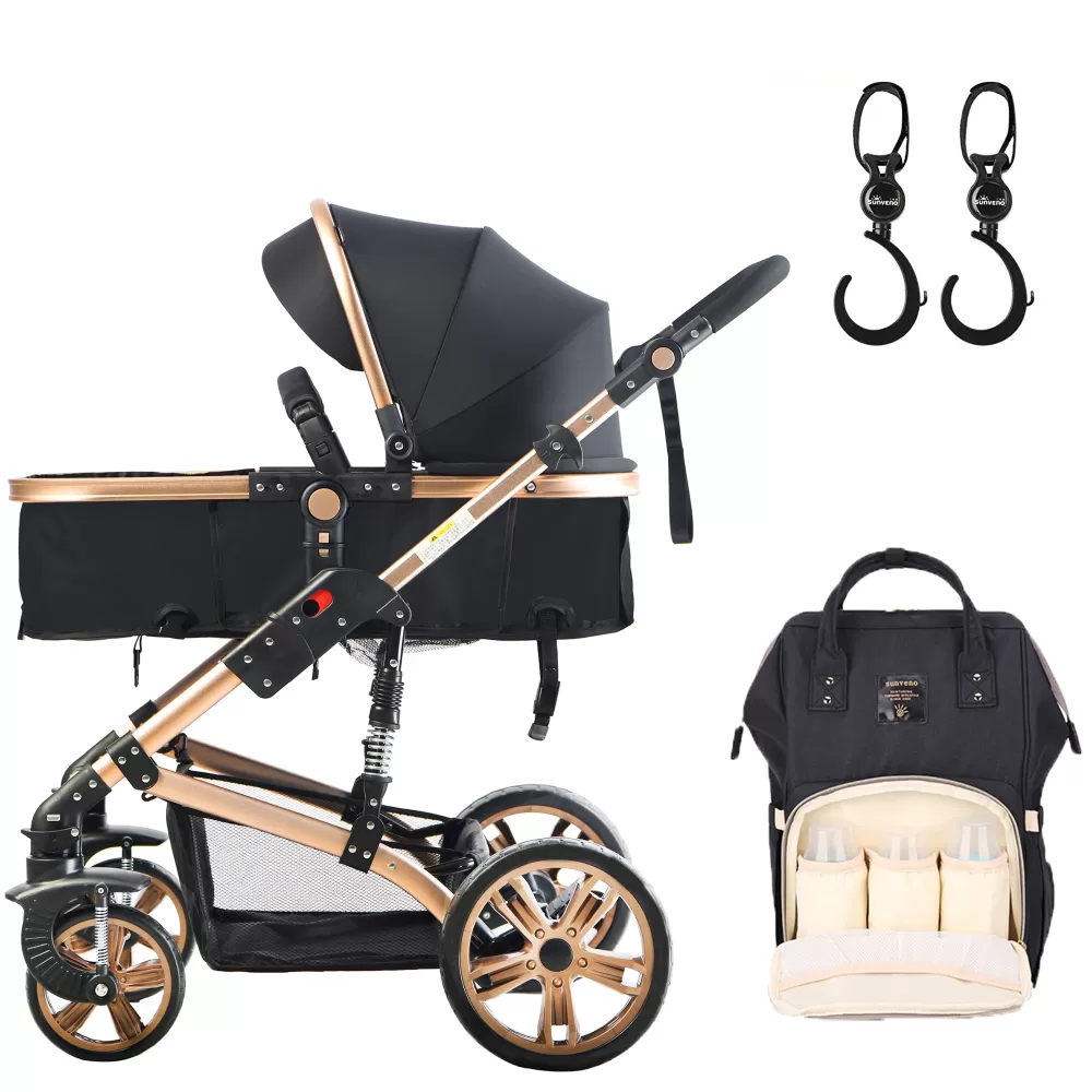 Teknum 3 in 1 Stroller-Story-Black + SUNVENO Diaper Bag - Black &amp; Hooks