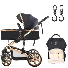 Teknum 3 in 1 Stroller-Story-Black + SUNVENO Diaper Bag - Black & Hooks