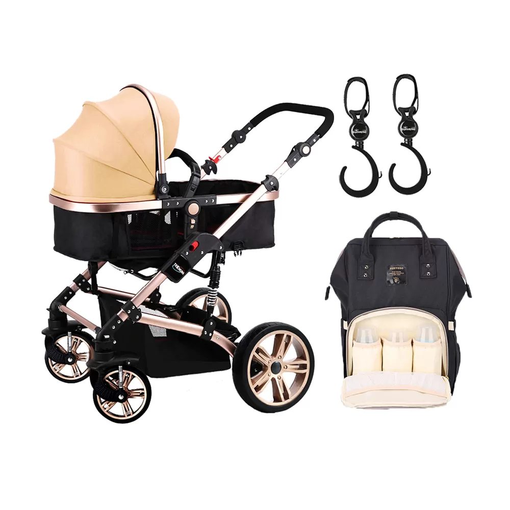 Teknum - 3 in 1 Pram Stroller Story, Sunveno Diaper Bag & Hooks - Khaki Black