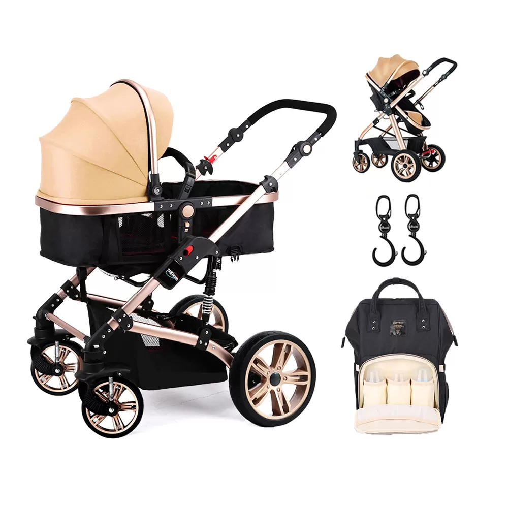 Teknum - 3 in 1 Pram Stroller Story, Sunveno Diaper Bag &amp; Hooks - Khaki Black