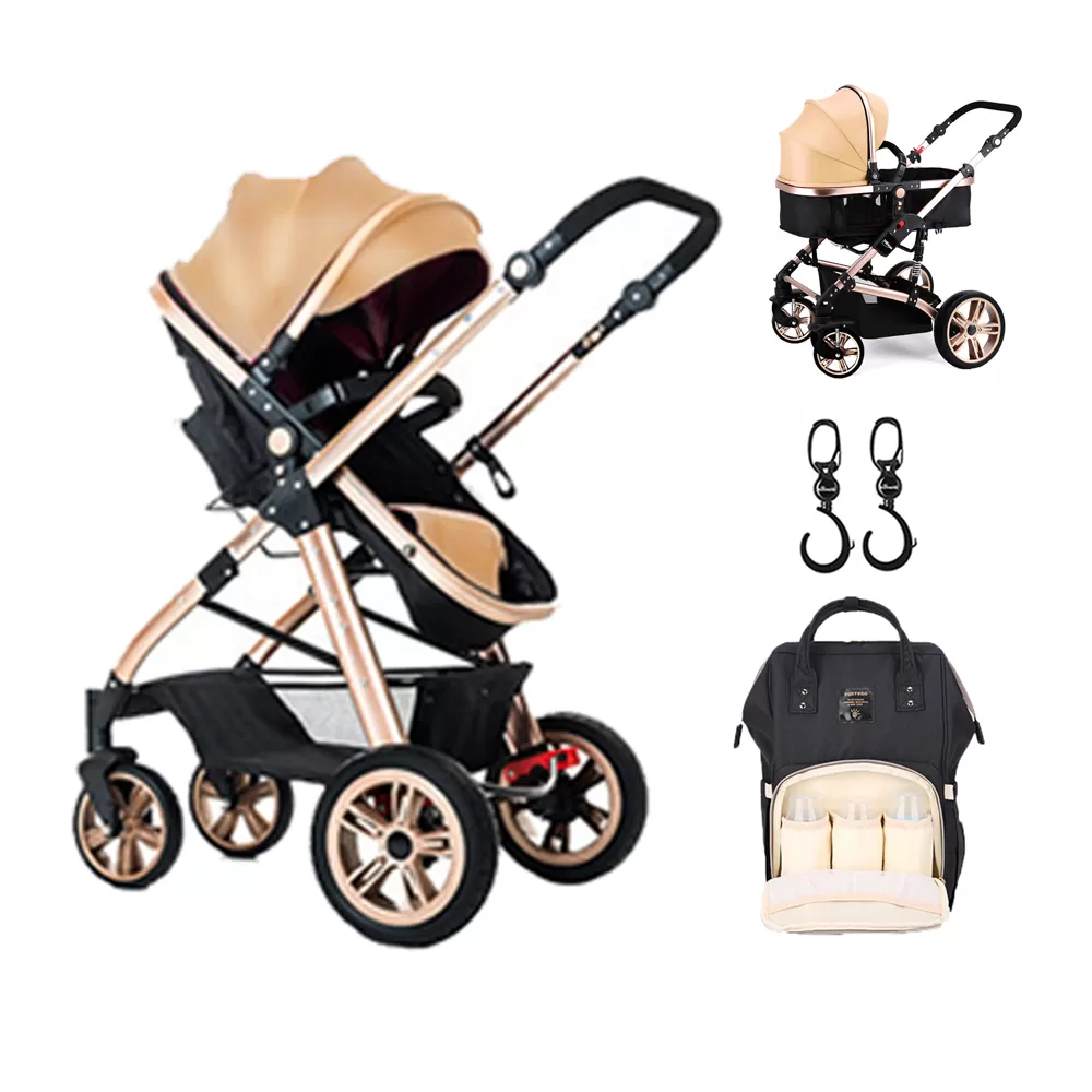 Teknum - 3 in 1 Pram Stroller Story, Sunveno Diaper Bag &amp; Hooks - Khaki Black