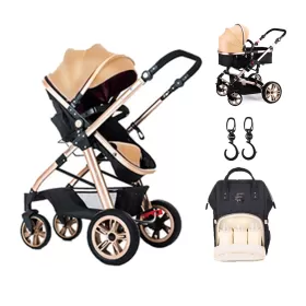 Teknum - 3 in 1 Pram Stroller Story, Sunveno Diaper Bag & Hooks - Khaki Black