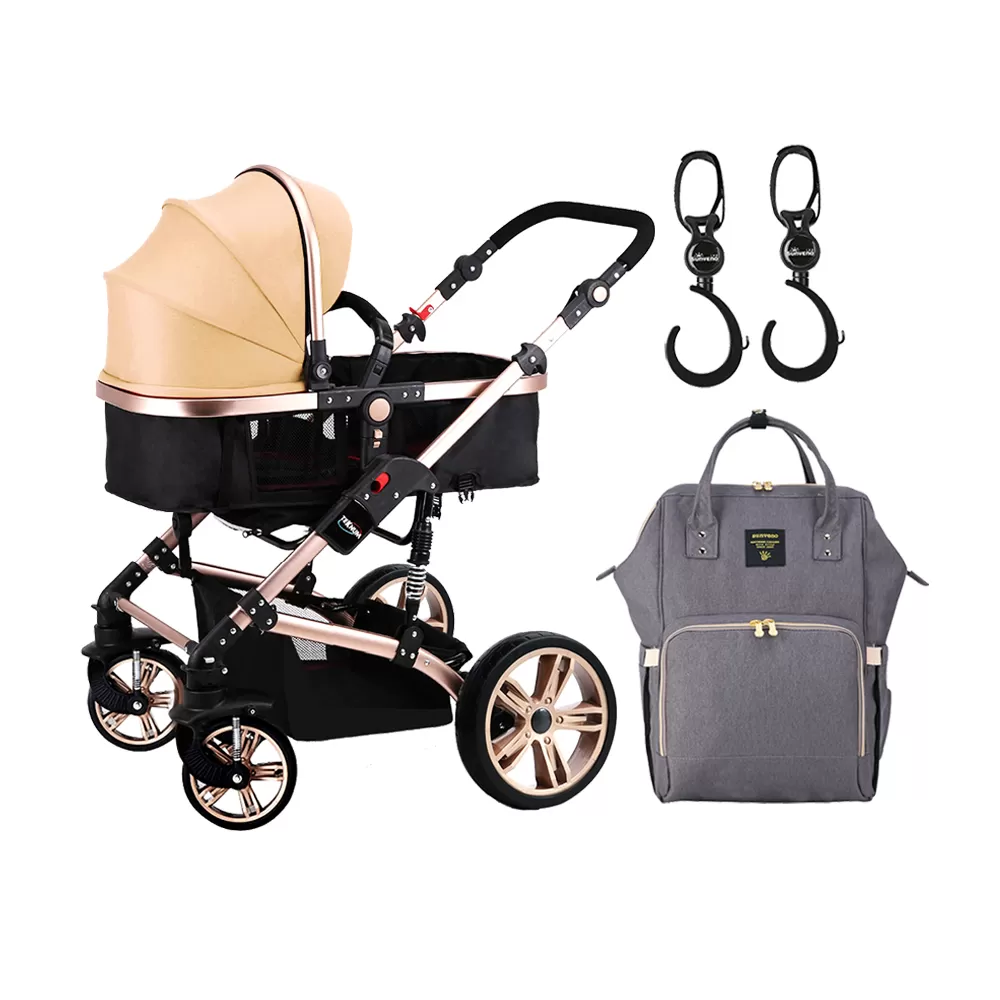 Teknum - 3 in 1 Pram Stroller Story, Sunveno Diaper Bag & Hooks - Khaki Grey