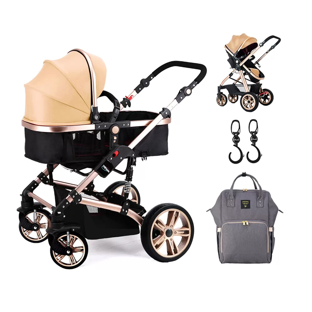 Teknum - 3 in 1 Pram Stroller Story, Sunveno Diaper Bag &amp; Hooks - Khaki Grey