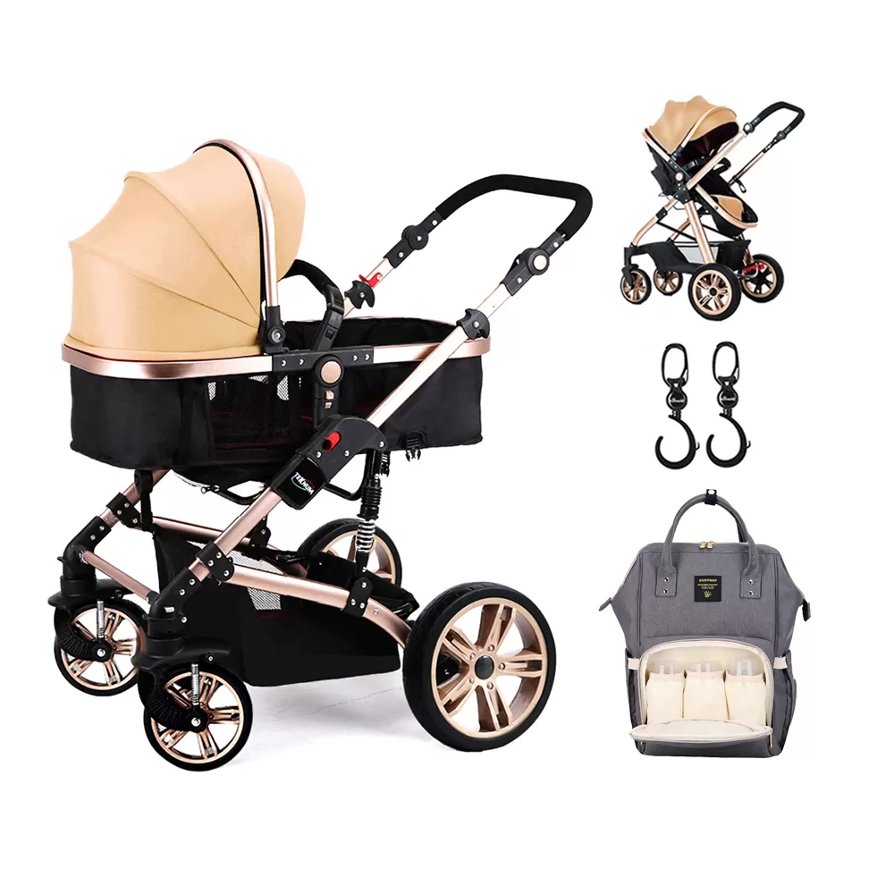 Teknum - 3 in 1 Pram Stroller Story, Sunveno Diaper Bag &amp; Hooks - Khaki Grey