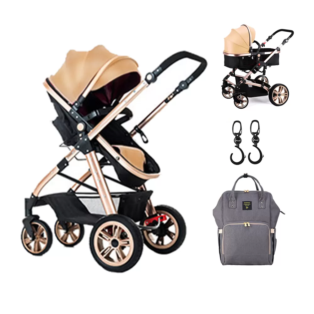 Teknum - 3 in 1 Pram Stroller Story, Sunveno Diaper Bag &amp; Hooks - Khaki Grey