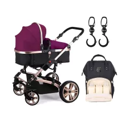 Teknum - 3 in 1 Pram Stroller Story, Sunveno Diaper Bag & Hooks - Wine Black