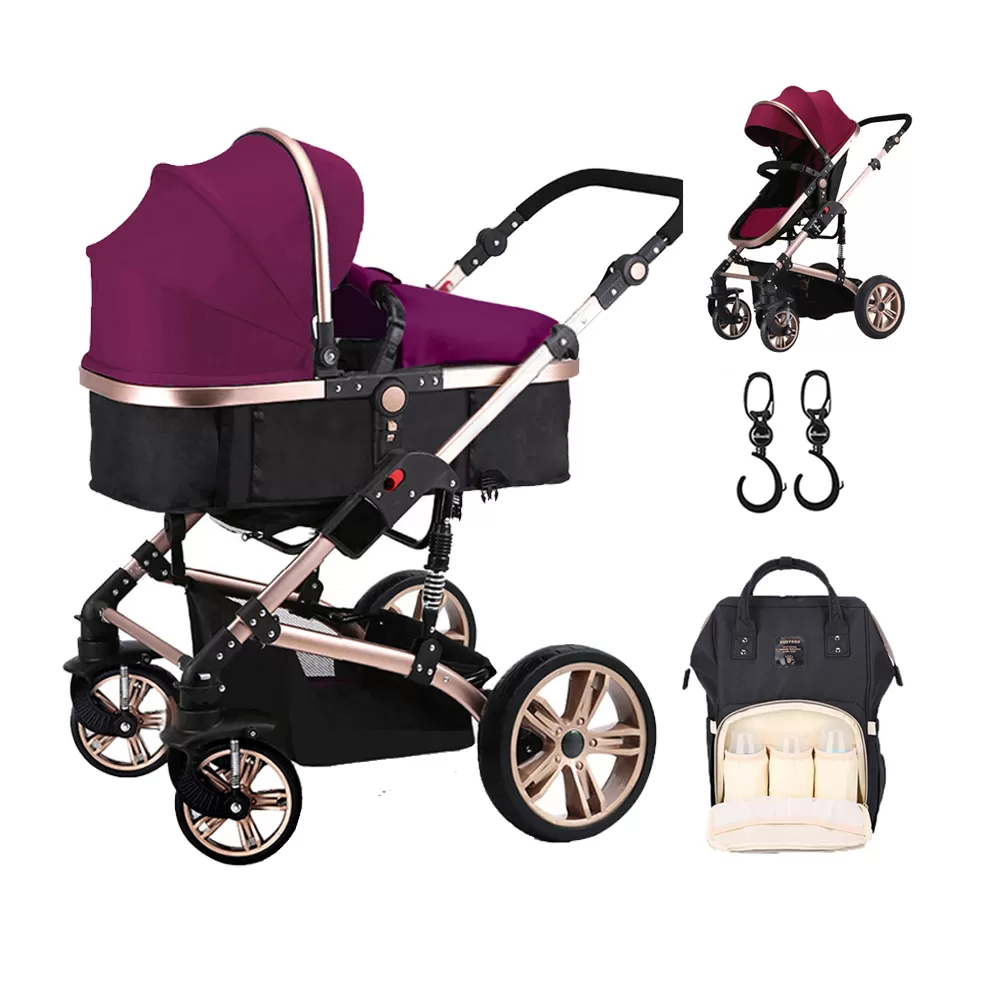 Teknum - 3 in 1 Pram Stroller Story, Sunveno Diaper Bag &amp; Hooks - Wine Black