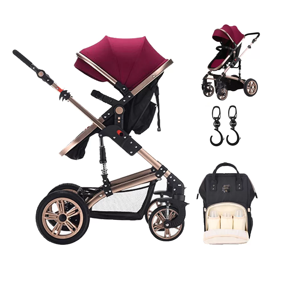 Teknum - 3 in 1 Pram Stroller Story, Sunveno Diaper Bag &amp; Hooks - Wine Black