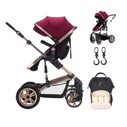 Teknum - 3 in 1 Pram Stroller Story, Sunveno Diaper Bag & Hooks - Wine Black