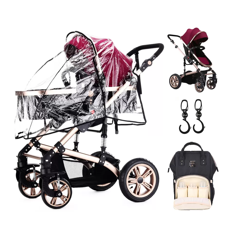 Teknum - 3 in 1 Pram Stroller Story, Sunveno Diaper Bag &amp; Hooks - Wine Black