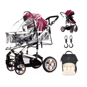 Teknum - 3 in 1 Pram Stroller Story, Sunveno Diaper Bag & Hooks - Wine Black