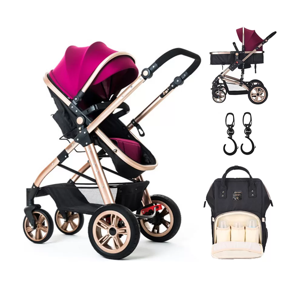 Teknum - 3 in 1 Pram Stroller Story, Sunveno Diaper Bag &amp; Hooks - Wine Black