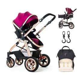 Teknum - 3 in 1 Pram Stroller Story, Sunveno Diaper Bag & Hooks - Wine Black