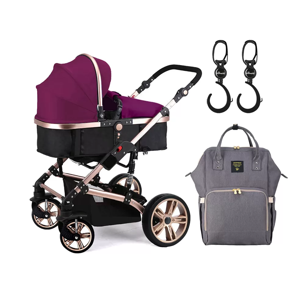 Teknum - 3 in 1 Pram Stroller Story, Sunveno Diaper Bag &amp; Hooks - Wine Grey