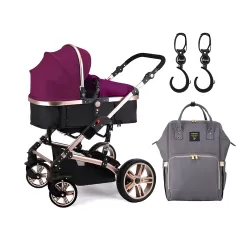 Teknum - 3 in 1 Pram Stroller Story, Sunveno Diaper Bag & Hooks - Wine Grey