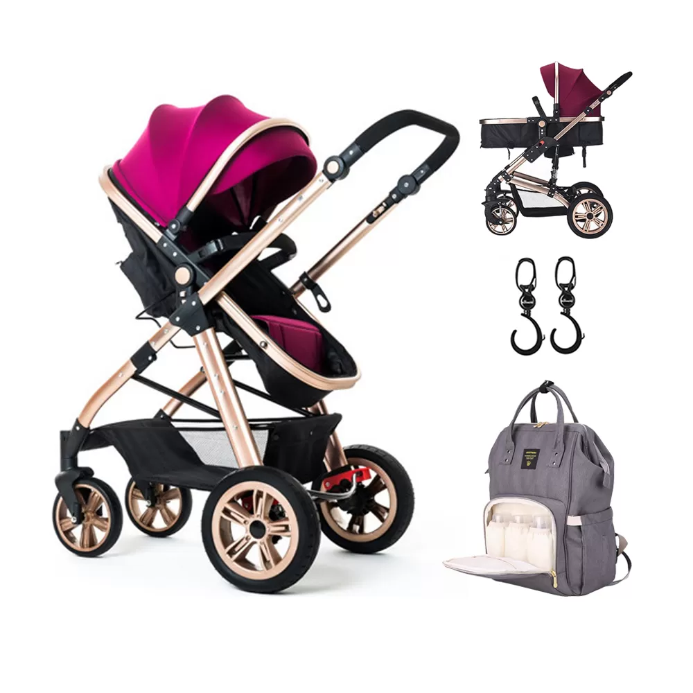 Teknum - 3 in 1 Pram Stroller Story, Sunveno Diaper Bag &amp; Hooks - Wine Grey