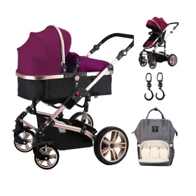 Teknum - 3 in 1 Pram Stroller Story, Sunveno Diaper Bag & Hooks - Wine Grey