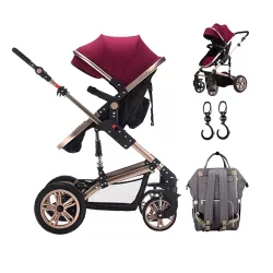 Teknum - 3 in 1 Pram Stroller Story, Sunveno Diaper Bag & Hooks - Wine Grey