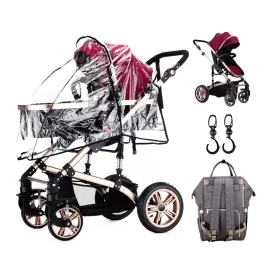 Teknum - 3 in 1 Pram Stroller Story, Sunveno Diaper Bag & Hooks - Wine Grey