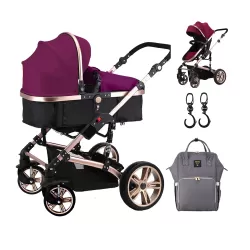 Teknum - 3 in 1 Pram Stroller Story, Sunveno Diaper Bag & Hooks - Wine Grey