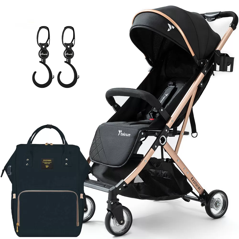 Teknum Explorer Travel Stroller with Diaper Bag &amp; Stroller Hooks - Black