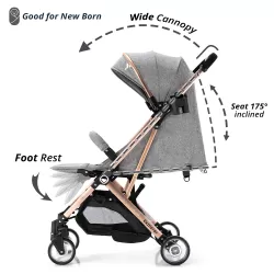 Teknum Explorer Travel Stroller with Diaper Bag & Stroller Hooks - Grey