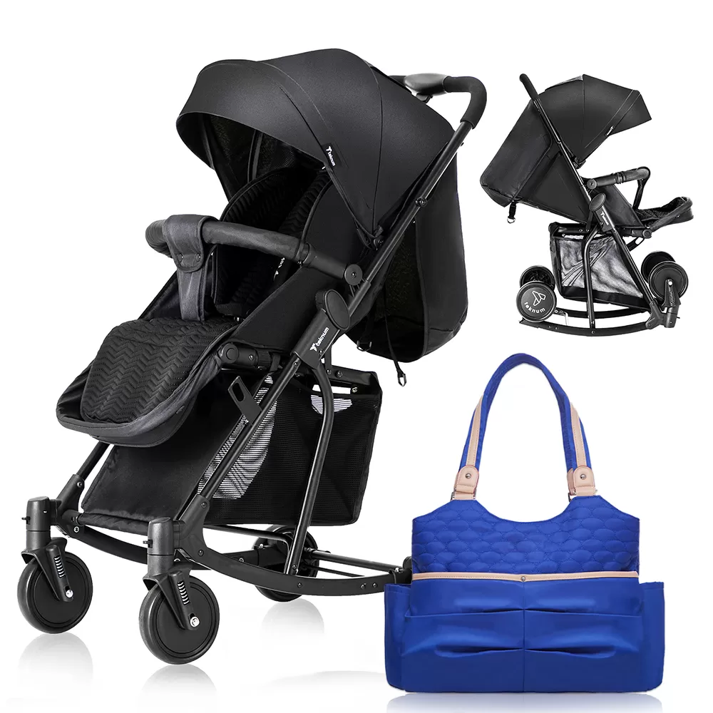 Teknum Stroller With Rocker with Blue Fashion Diaper tote Bag- Black