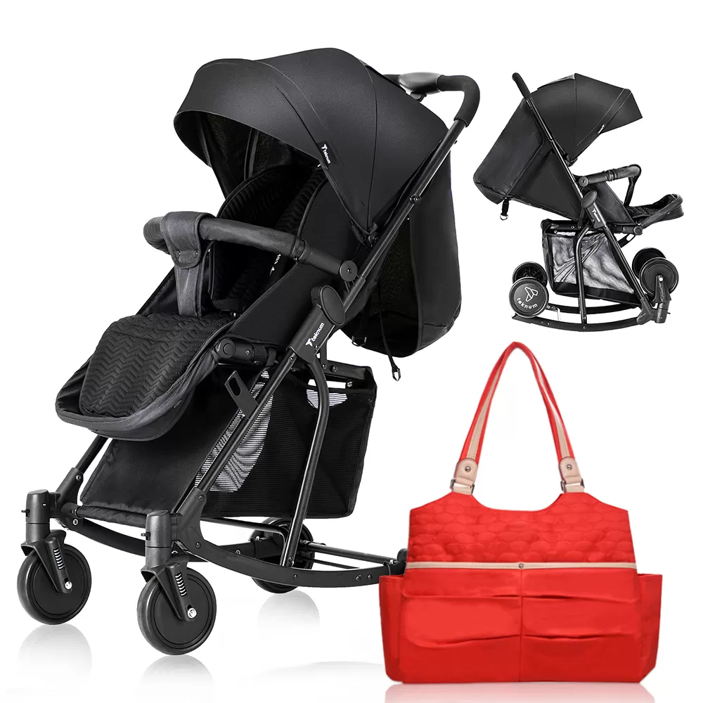 Teknum Stroller With Rocker with Red Fashion Diaper tote Bag- Black