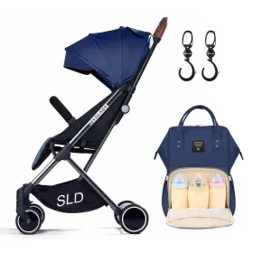 Teknum Travel Lite Stroller - Navy Blue with Sunveno Diaper bag and hooks