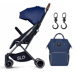 Teknum Travel Lite Stroller - Navy Blue with Sunveno Diaper bag and hooks