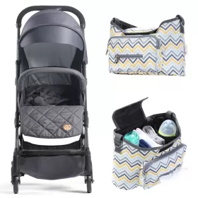 Travel Lite Stroller - SLD by Teknum - Dark Grey + Sunveno Baby Stroller Organizer/Bag - Yellow wave