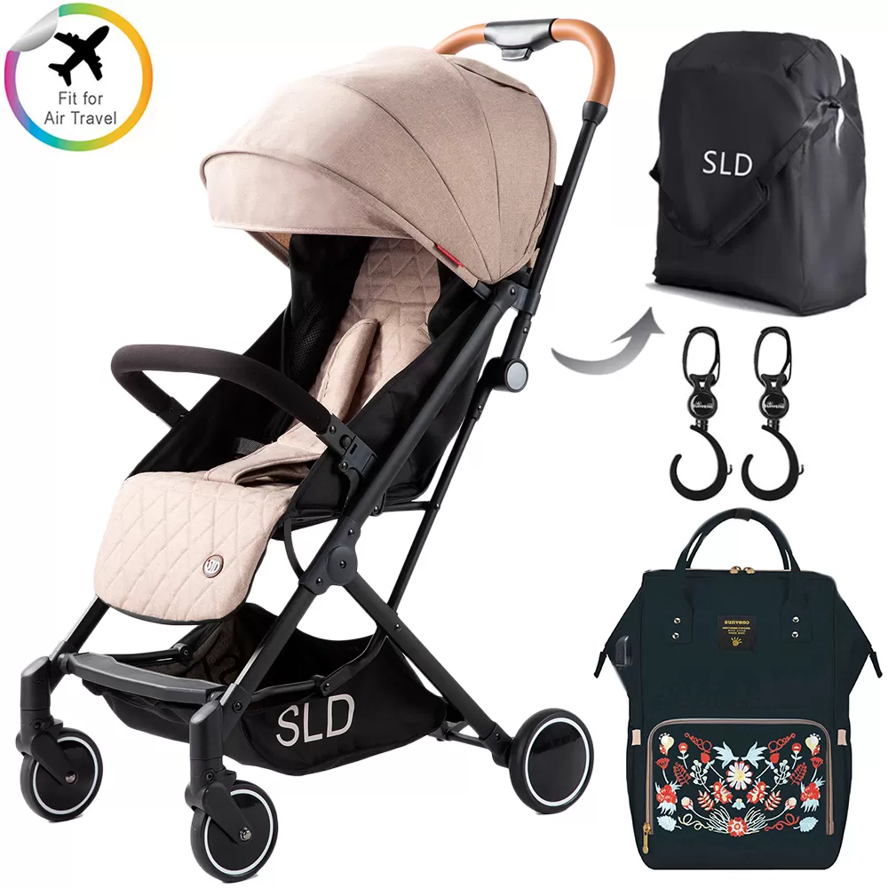 Teknum Travel Lite Stroller - Khaki + Sunveno Diaper bag with USB - Black Embroidery and Stroller Hooks