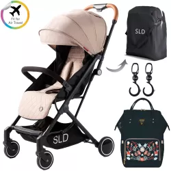 Teknum Travel Lite Stroller - Khaki + Sunveno Diaper bag with USB - Black Embroidery and Stroller Hooks