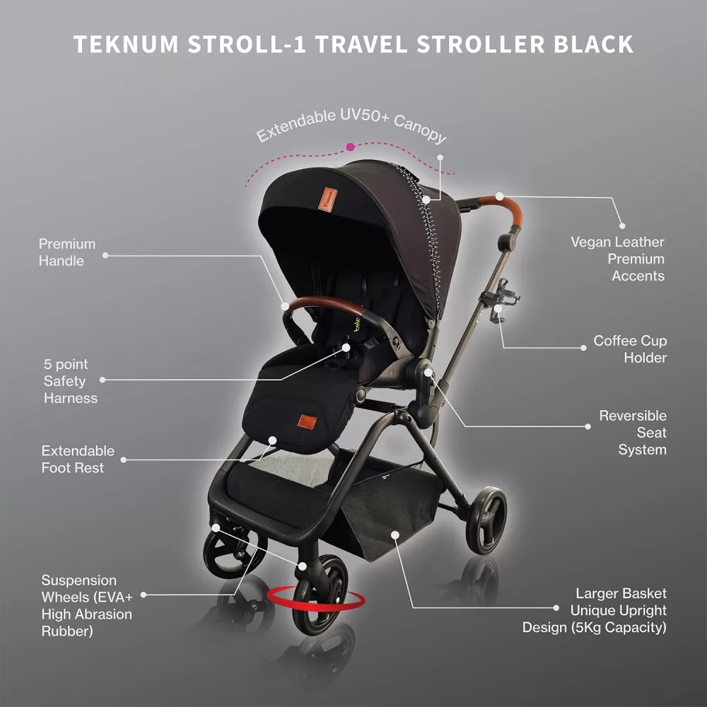 Teknum STROLL-1 Travel System w/Reversible Stroller and Compacto Baby Car Seat-Black