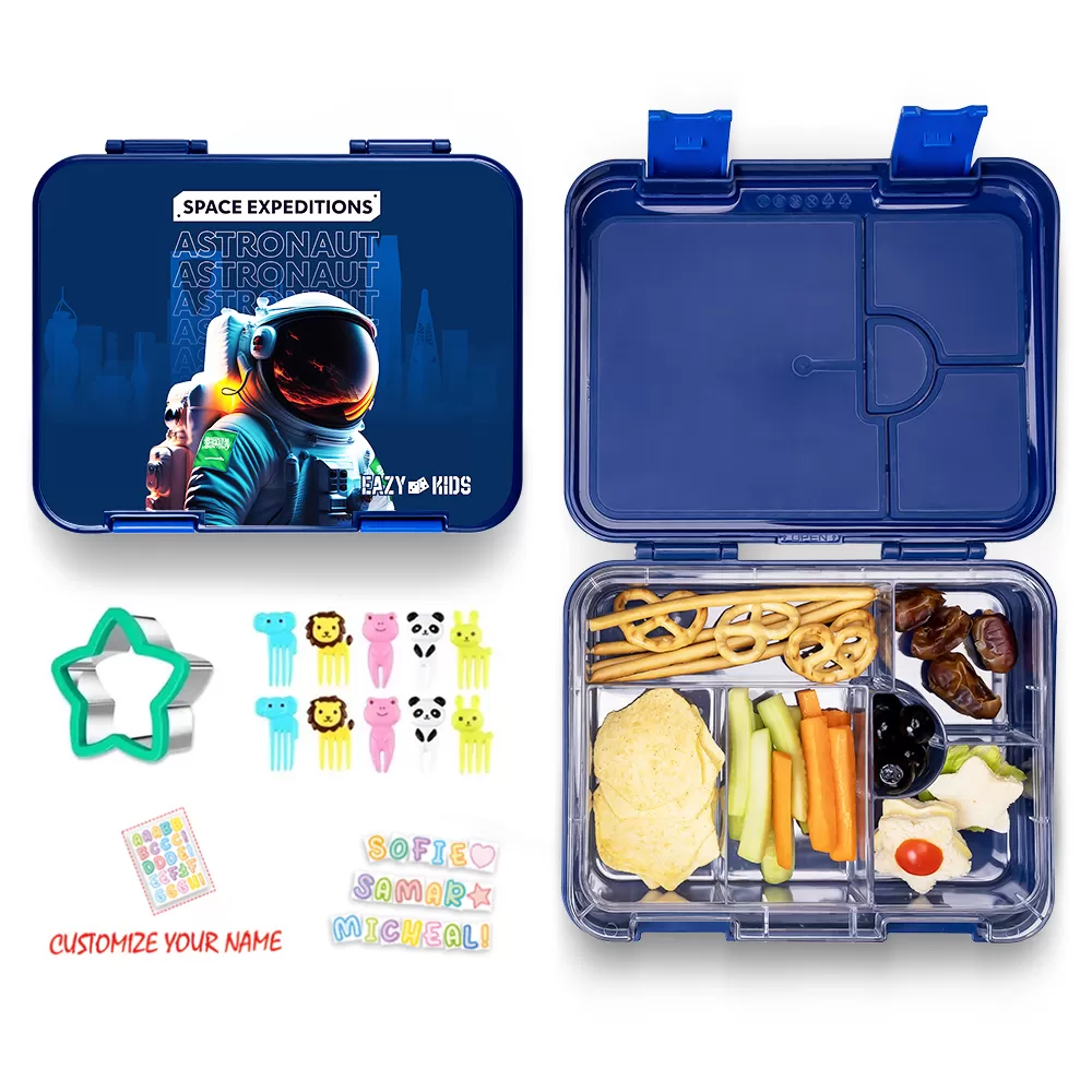 Eazy Kids 6 &amp; 4 Convertible Bento Lunch Box with Sandwich Cutter Set - Space Expedition Blue