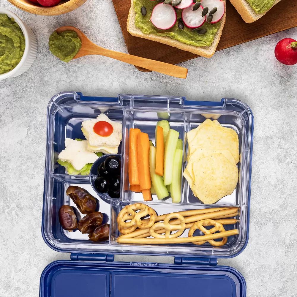 Eazy Kids 6 &amp; 4 Convertible Bento Lunch Box with Sandwich Cutter Set - Space Expedition Blue