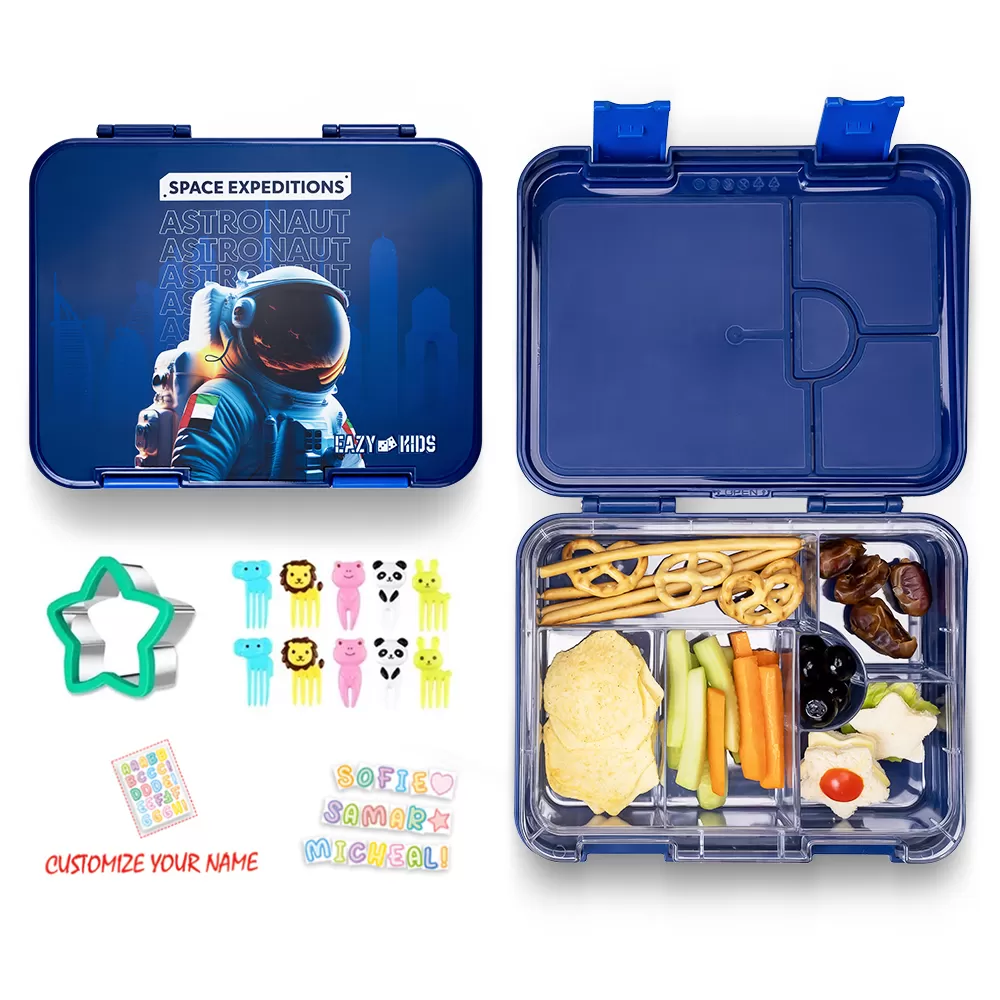 Eazy Kids 4 &amp; 6 Convertible Bento Lunch Box with Sandwich Cutter Set - Space Expedition Blue