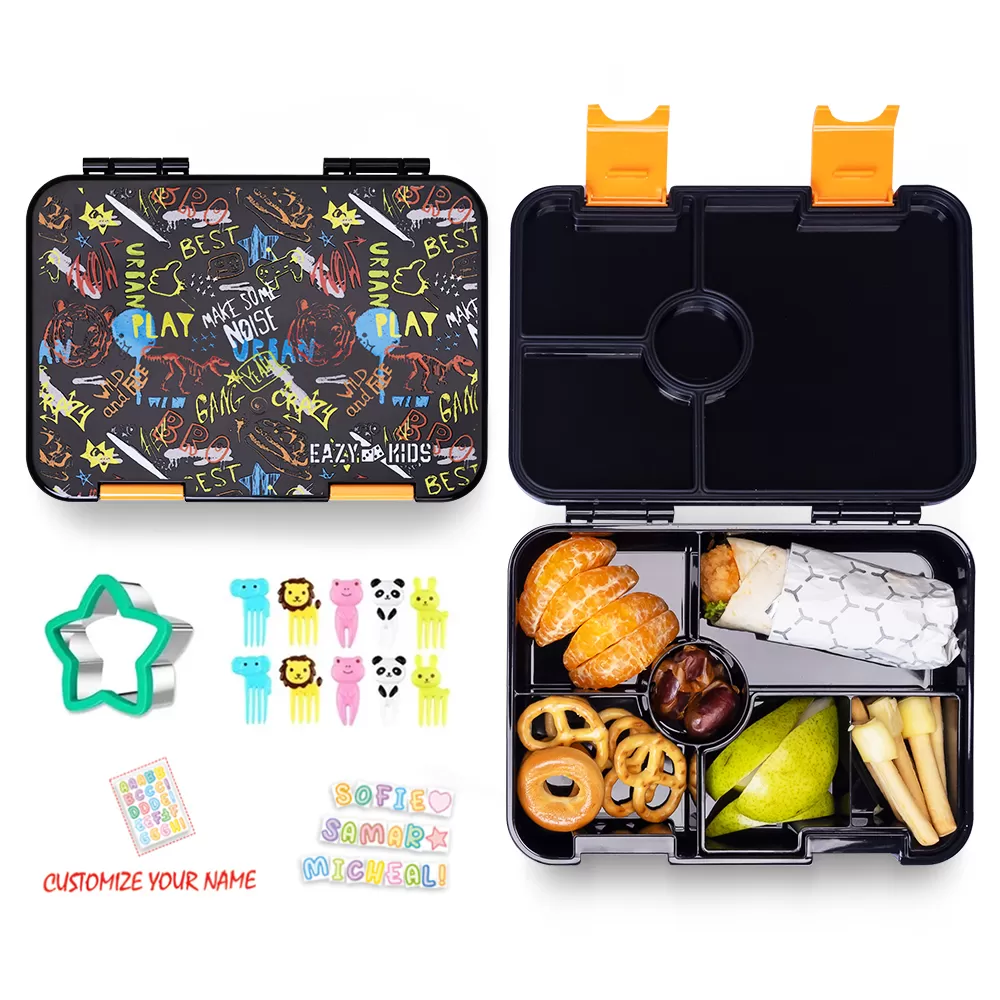 Eazy Kids 6 &amp; 4 Convertible Bento Lunch Box wt Sandwich Cutter Set-Dino Bro