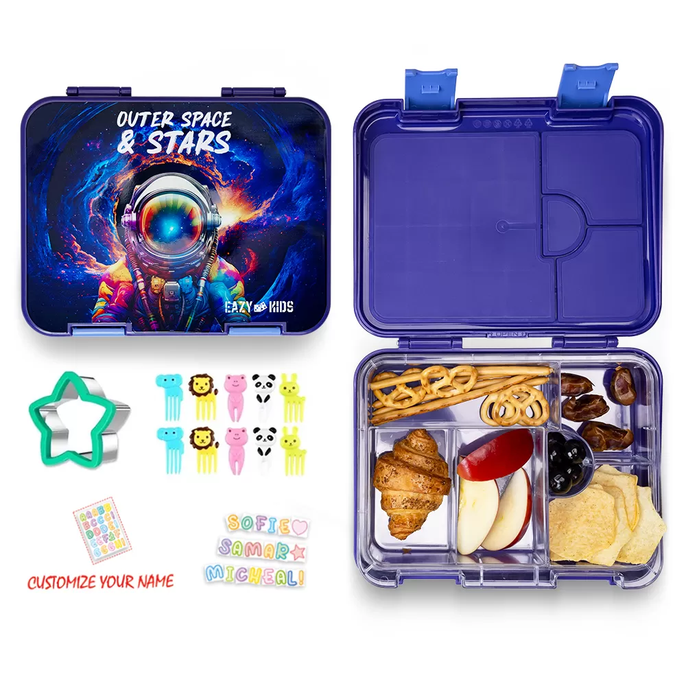 Eazy Kids 6 &amp; 4 Convertible Bento Lunch Box with Sandwich Cutter Set - Outer Space Blue