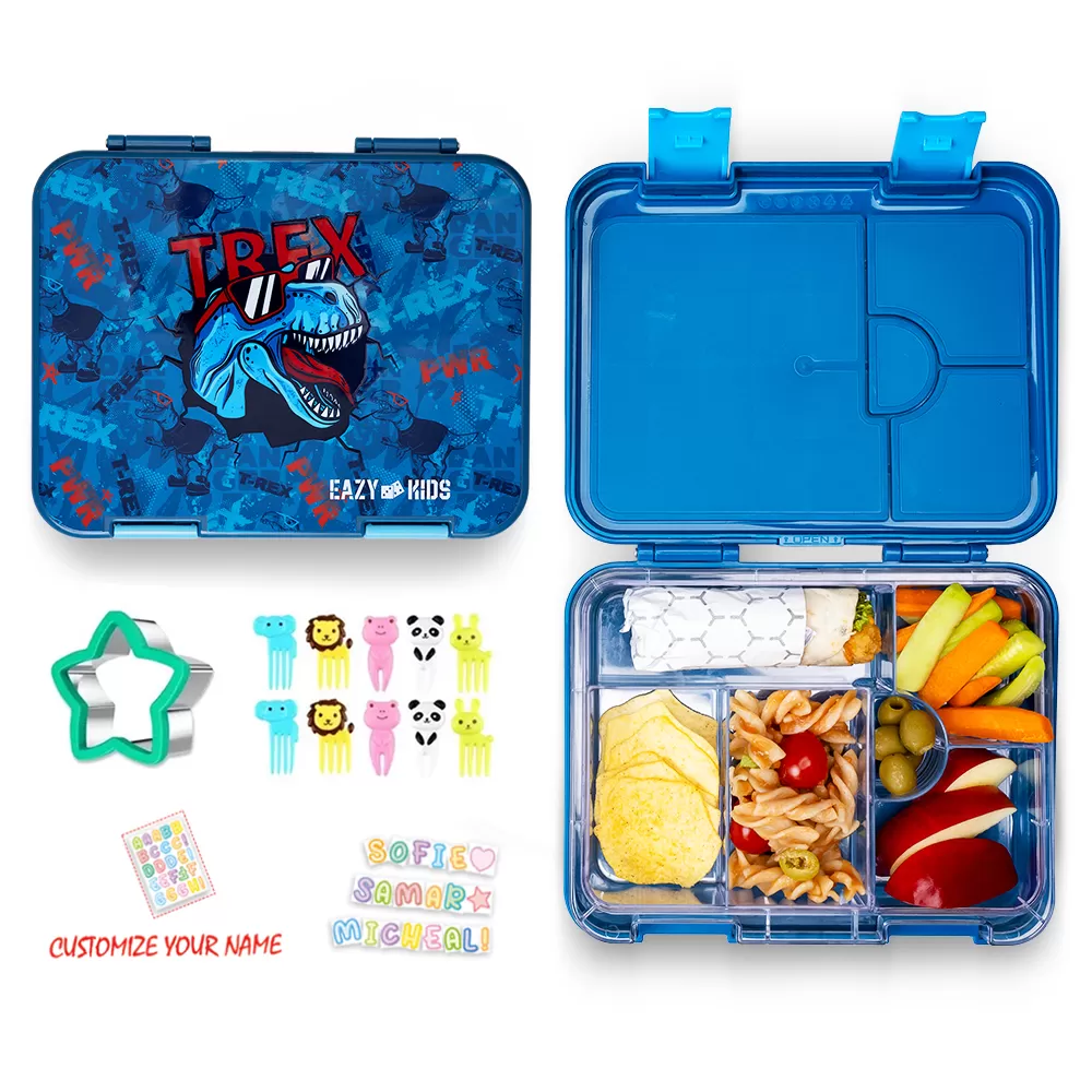 Eazy Kids 6 &amp; 4 Convertible Bento Lunch Box with Sandwich Cutter Set - T - Rex Blue