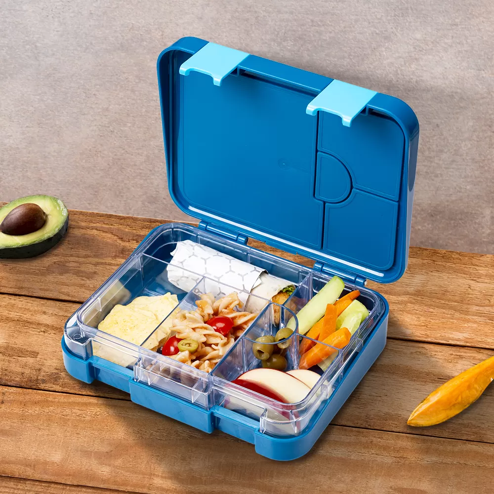 Eazy Kids 6 &amp; 4 Convertible Bento Lunch Box with Sandwich Cutter Set - T - Rex Blue