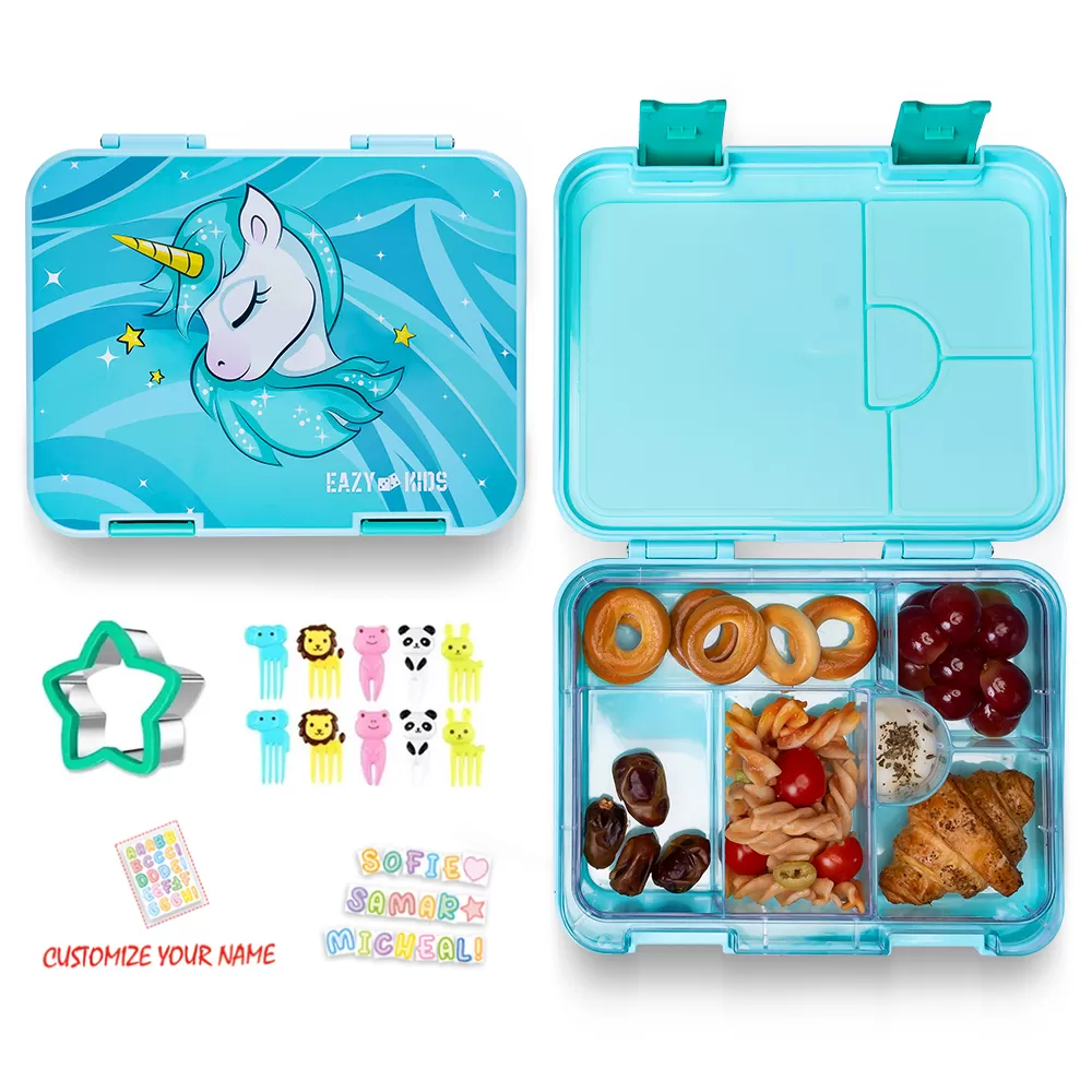 Eazy Kids 6 &amp; 4 Convertible Bento Lunch Box wt Sandwich Cutter Set-Unicorn Green