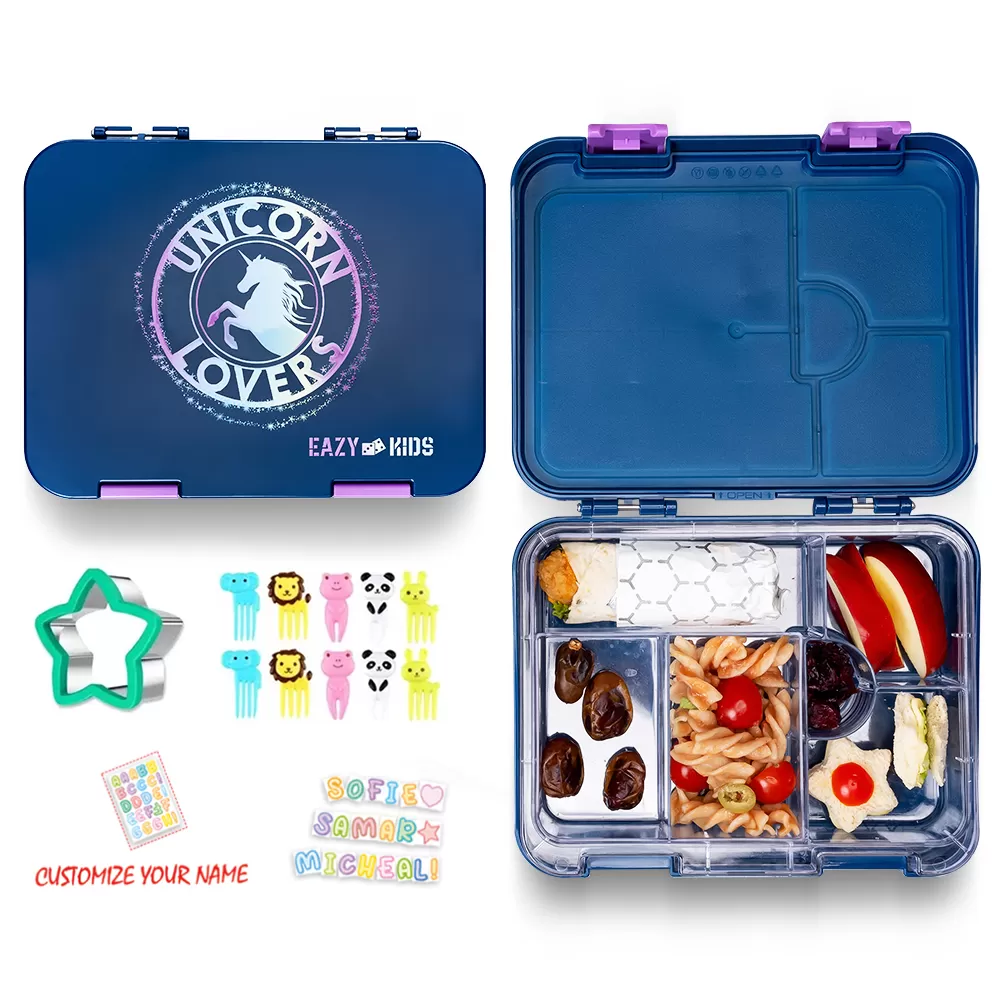 Eazy Kids 6 &amp; 4 Convertible Bento Lunch Box wt Sandwich Cutter Set-Unicorn Lover Blue