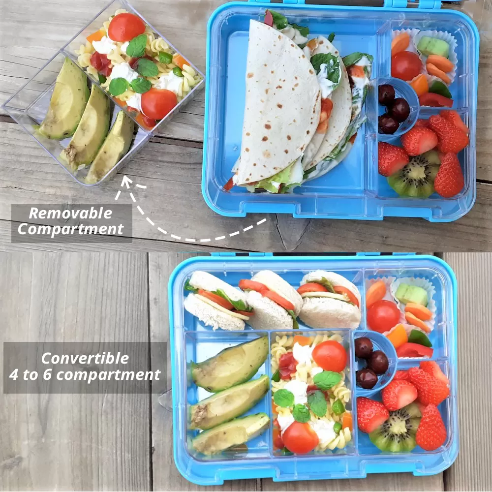 Eazy Kids 6 &amp; 4 Convertible Bento Lunch Box w/ sandwich cutter- Dino Blue